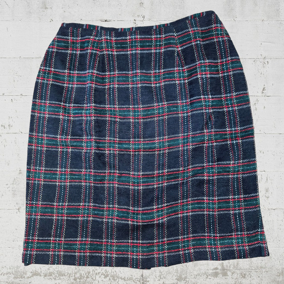 1980s Vintage Navy Red Tweed Glen Check Plaid Tartan Knee Length Skirt Size 4 - Picture 2 of 6